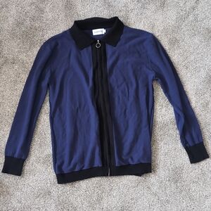 Oxknitstore XL Retro Knit Solid Blue Black Stripe Hem & Collar Polo Long Sleeve